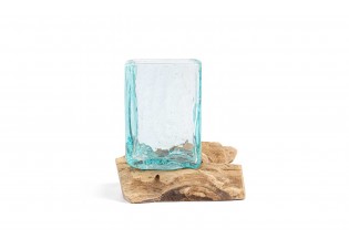 فازة مربعة زجاجية ديكورية مع قاعدة من الخشب الطبيعي