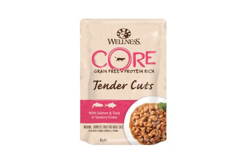 أكياس طعام للقطط بقطع السلمون والتونة الطرية