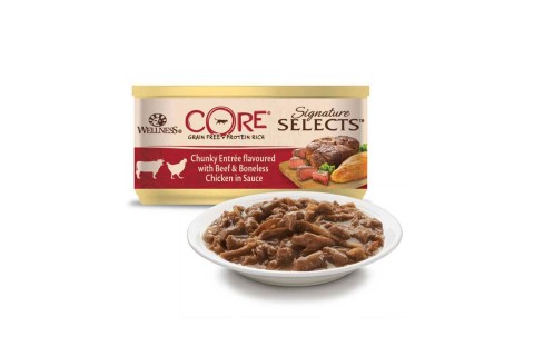 طعام رطب بقطع اللحم البقري والدجاج مع الصلصة للقطط