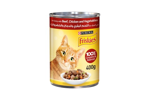 طعام معلب بالدجاج ولحم البقر والخضار في مرق للقطط من فريسكيز..